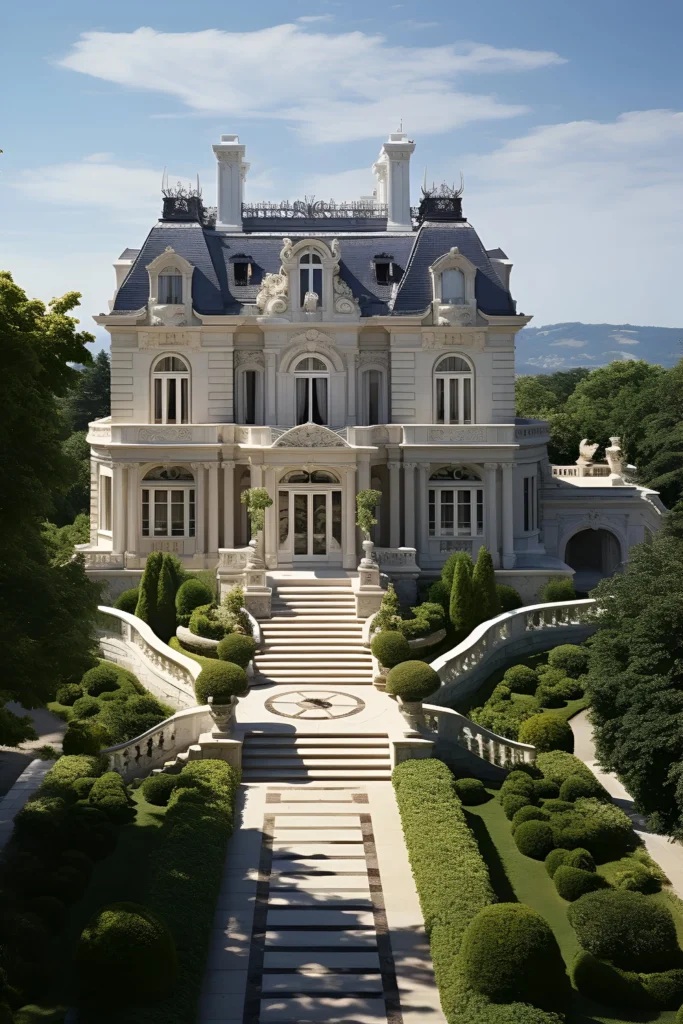 Regal chateau with intricate architecture, grand staircase, and a landscaped garden with symmetrical hedges and sculpted greenery.