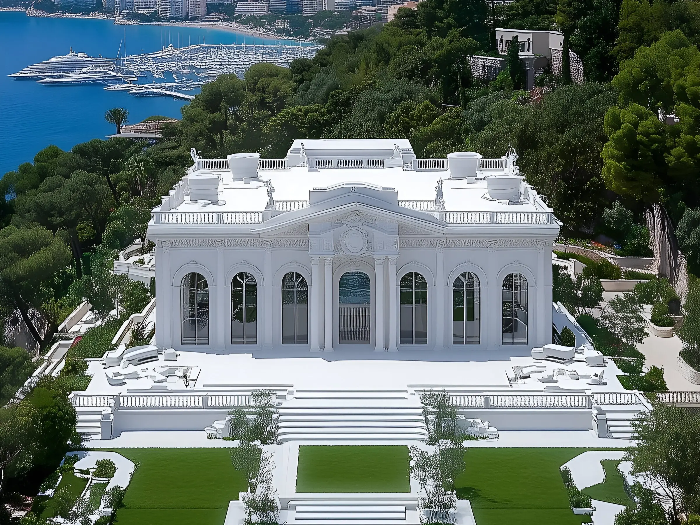 Mediterranean-inspired white mansion with arched windows, manicured gardens, and stunning views of a coastal marina and yachts.