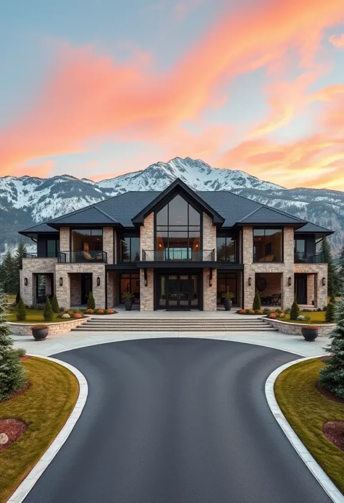 Modern mansion with stone facade and black accents set against a stunning mountain backdrop at sunset.