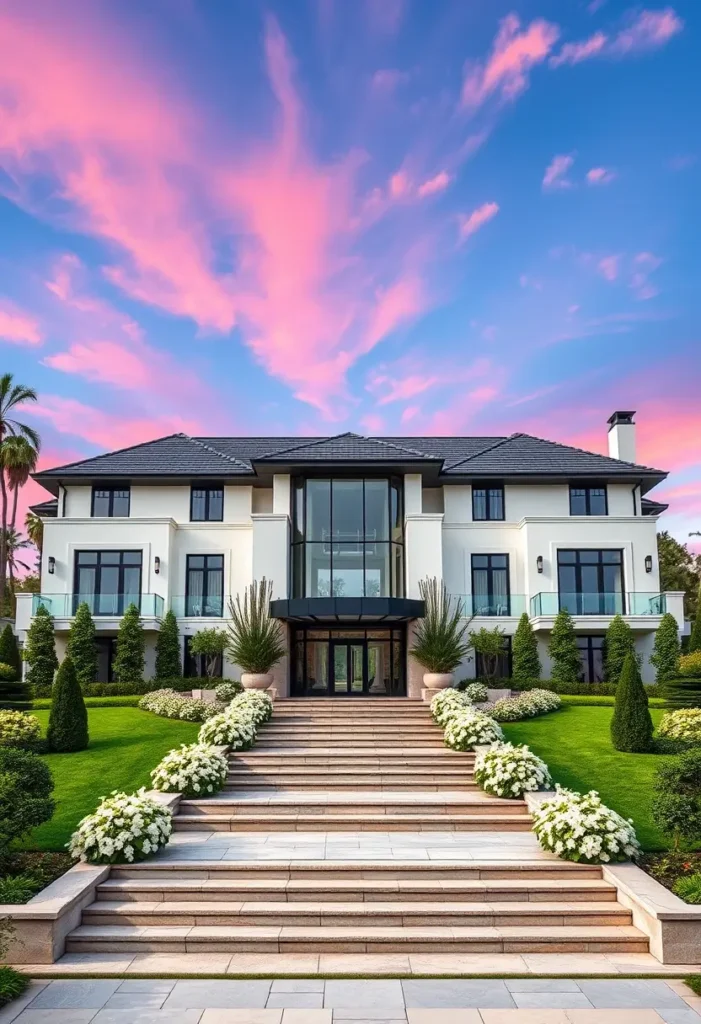 Modern white mansion with cascading stone steps, lush landscaping, and a glass-centered entryway under a vibrant sunset sky.