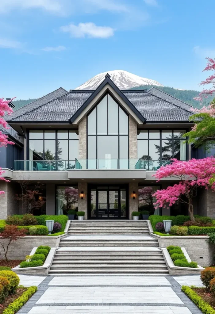 Modern mansion with large glass windows, an angular roof, and vibrant cherry blossoms in a scenic mountain setting.