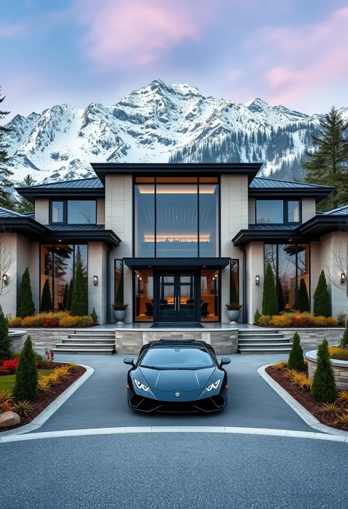 Modern mansion with a luxury car in the driveway, featuring a glass facade, dramatic lighting, and a snow-capped mountain backdrop.