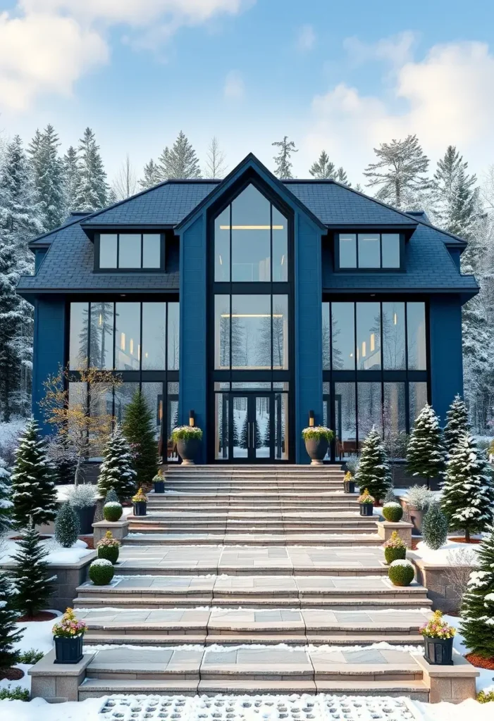 Modern navy-blue mansion with a glass facade, snow-covered staircase, and a winter forest backdrop.