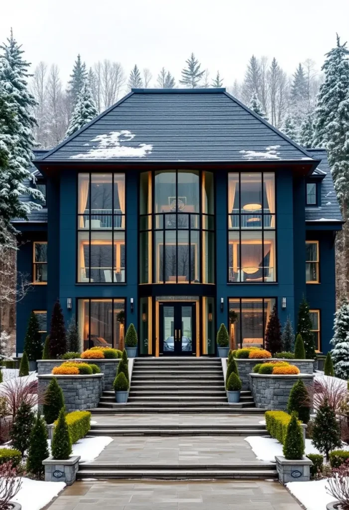 Navy-blue modern mansion with illuminated interiors, glass facade, and snow-covered surroundings in a winter landscape.