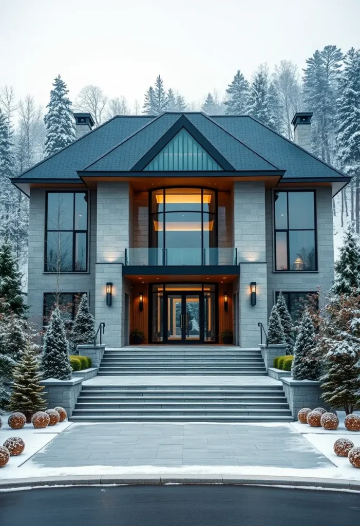 Modern stone mansion with minimalist design, warm lighting, and snow-covered landscaping in a peaceful winter setting.