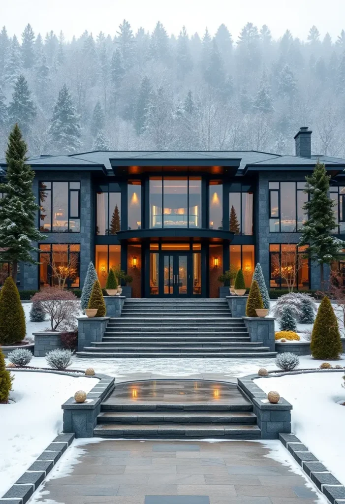 Modern mansion with a dark stone facade, illuminated interiors, and snowy forest surroundings in a serene winter landscape.