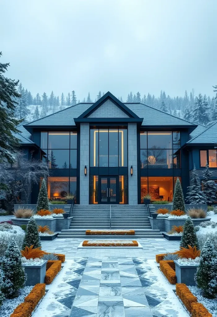 Modern dark stone mansion with geometric landscaping, warm interior lighting, and snowy surroundings featuring orange winter foliage.