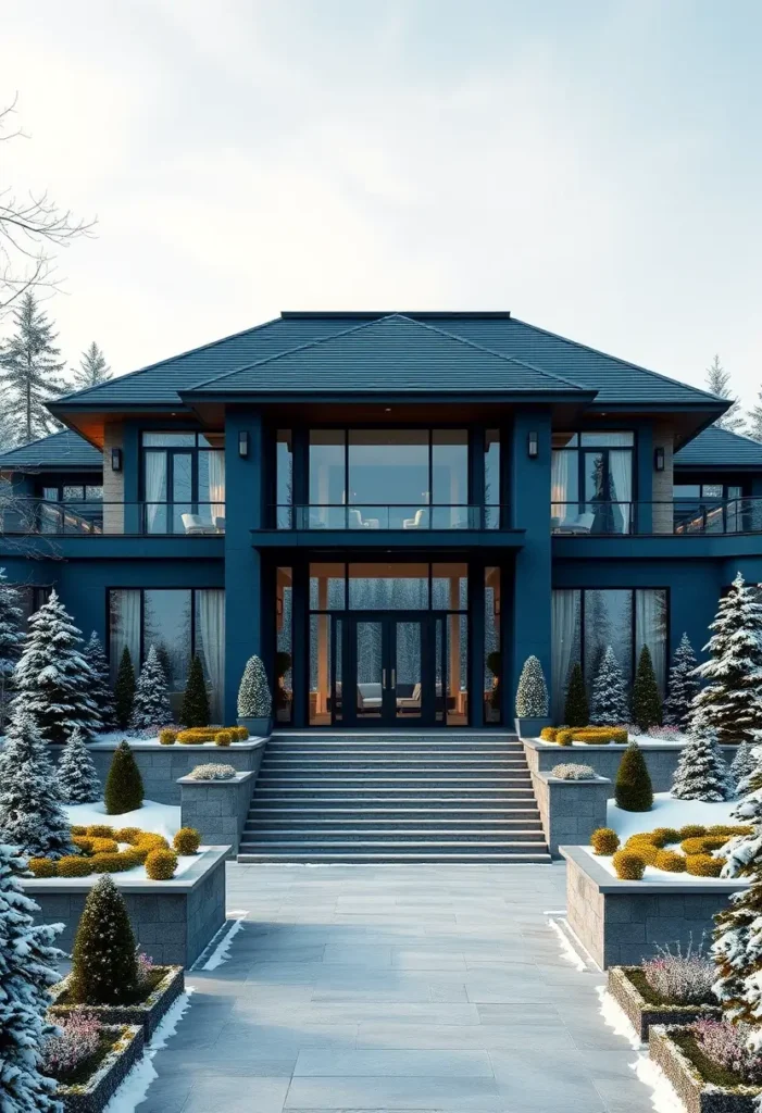 Modern blue mansion with symmetrical landscaping, glass facade, and snow-dusted evergreen trees in a serene winter setting.