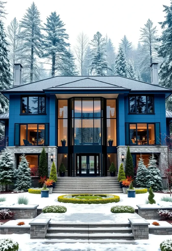 Modern blue mansion with expansive glass entry, symmetrical landscaping, and a snow-covered forest backdrop.