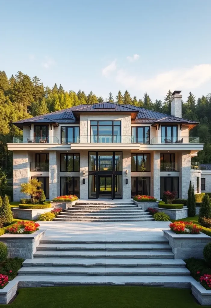 Modern mansion with a stone facade, tiered staircase, and large balconies surrounded by lush greenery.