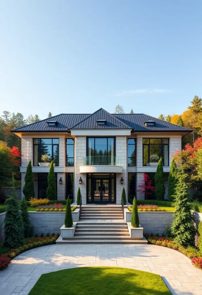 Modern mansion with a stone facade, curved balcony, black accents, and vibrant autumn landscaping.