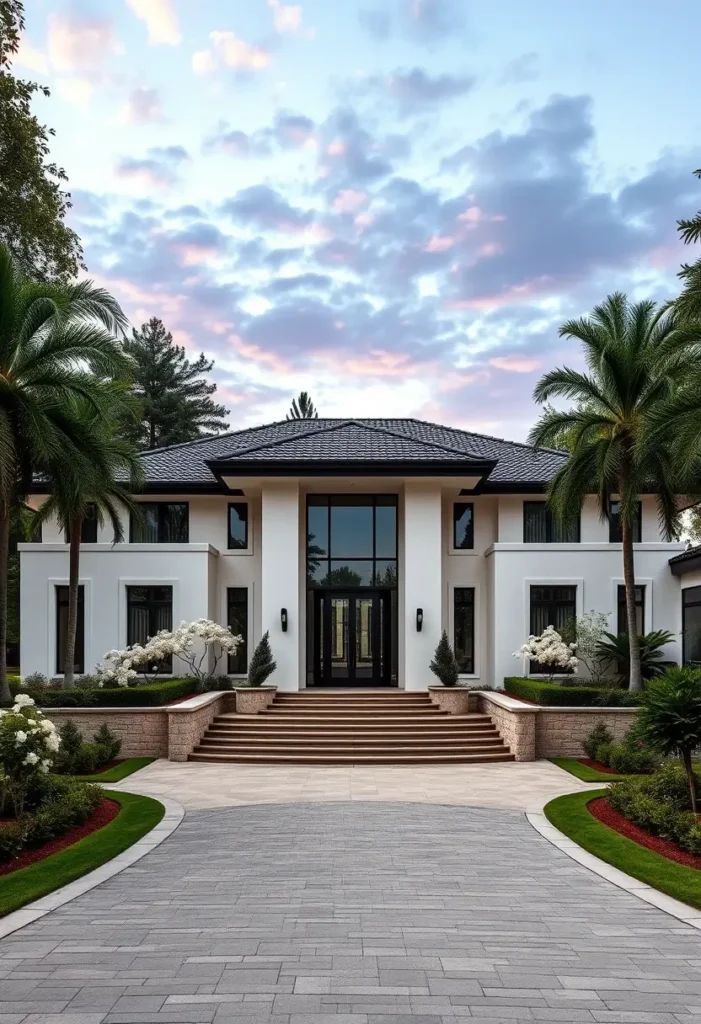 Modern white mansion with a grand entryway, palm-lined landscaping, and a serene evening sky.