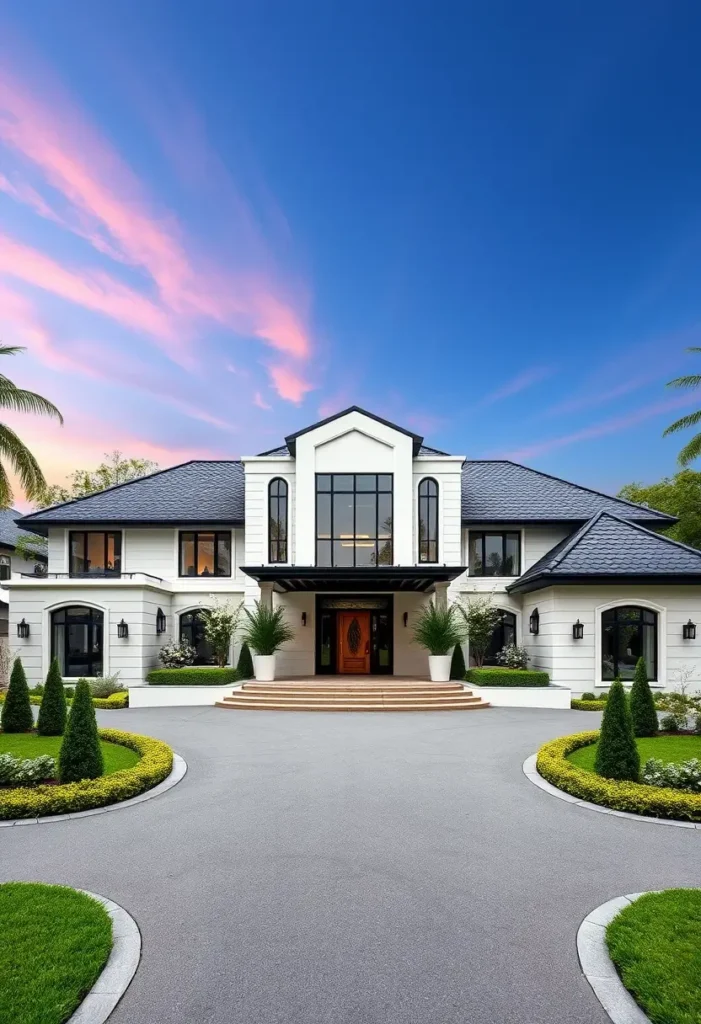 Modern white mansion with arched windows, symmetrical design, and elegant landscaping under a vibrant sunset sky.