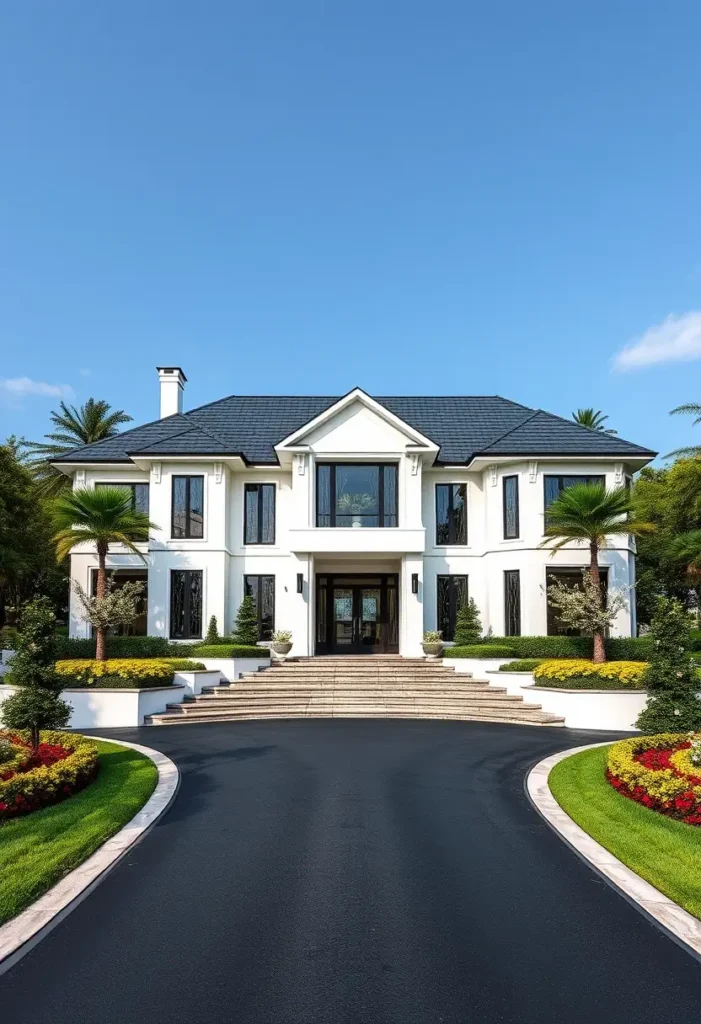 White modern mansion with symmetrical architecture, a curved driveway, vibrant landscaping, and palm trees.