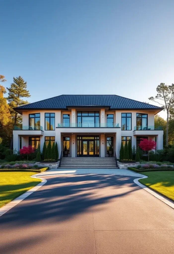 Modern mansion with glass balconies, sleek design, vibrant landscaping, and a sunset-lit backdrop.