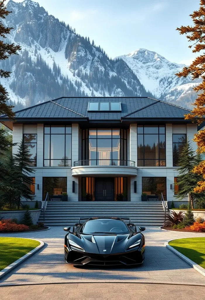 Modern mansion with a sleek glass facade, curved balcony, luxury supercar, and snow-capped mountain backdrop.