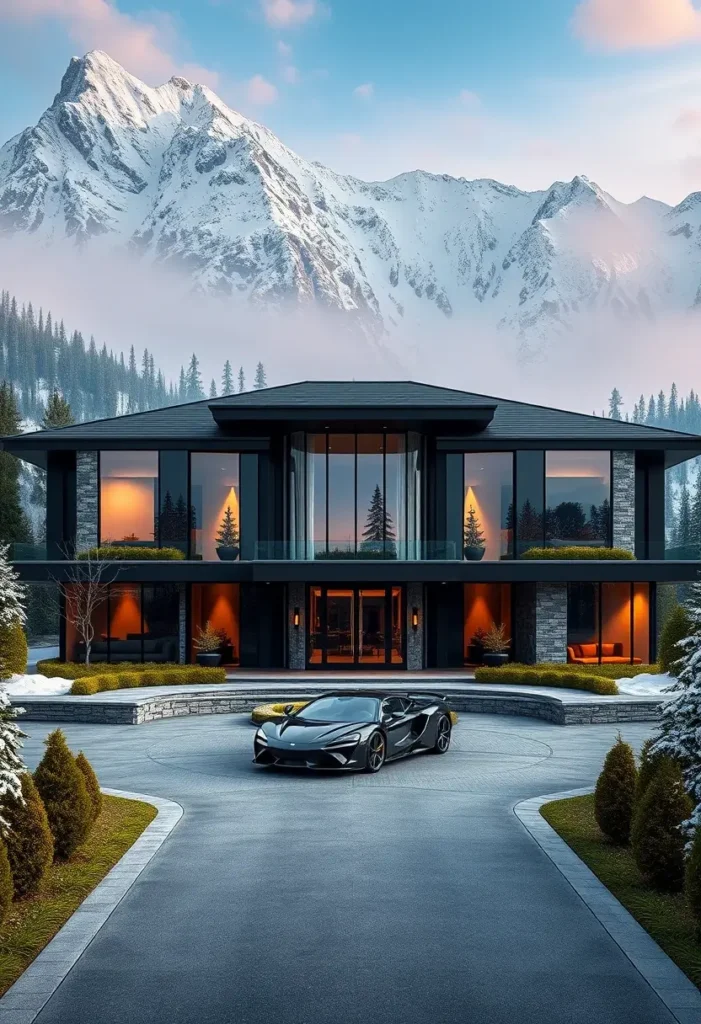 Modern dark-toned mansion with glass walls, glowing interiors, a luxury car, and a majestic snowy mountain backdrop.