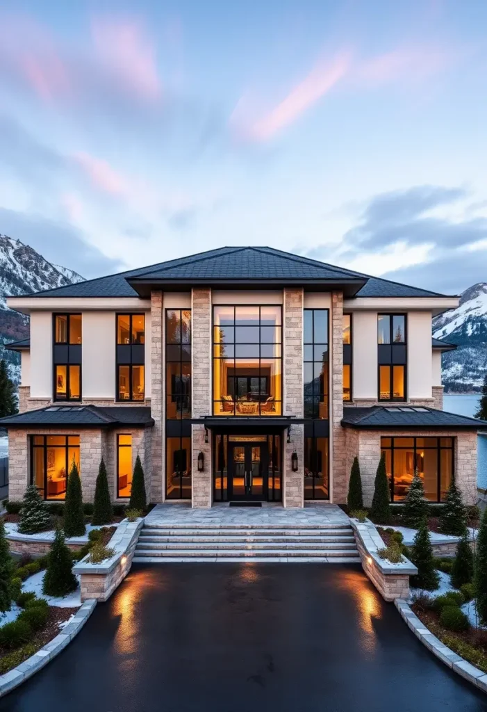 Modern mansion with stone and glass architecture, glowing interiors, and a snowy mountain backdrop.