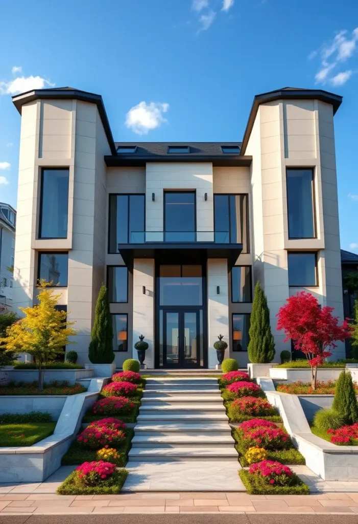 Modern mansion with a geometric facade, tiered landscaping, and vibrant red and pink flowers.