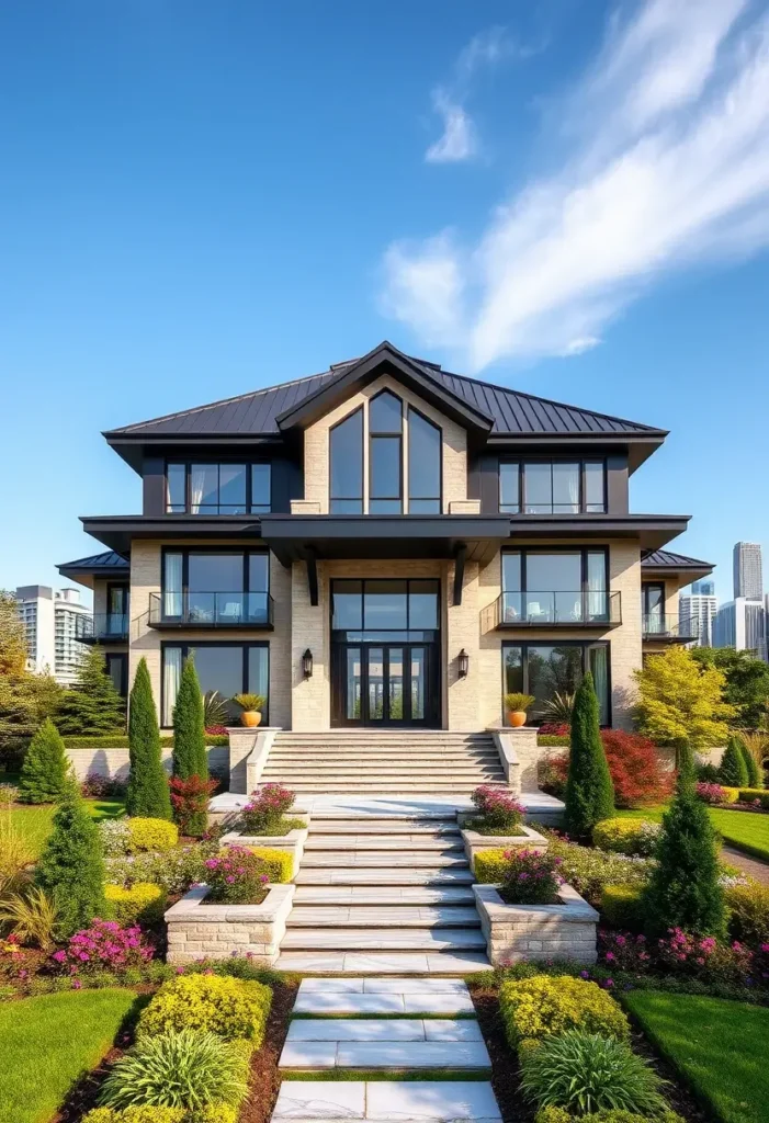 Modern mansion with a contemporary facade, vibrant landscaping, and a skyline backdrop.