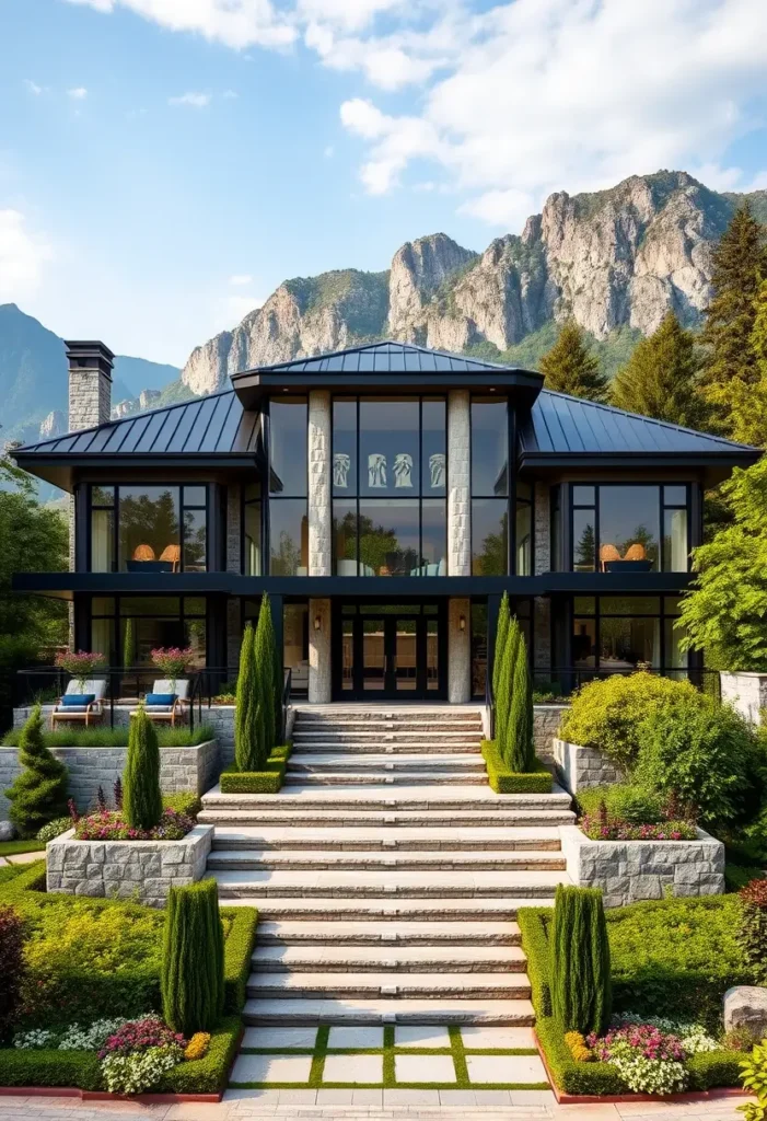 Modern mansion with glass facade, tiered landscaping, and mountain views in the background.