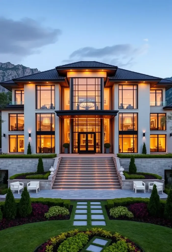 Modern mansion at dusk with illuminated interiors, a grand staircase, and lush landscaping.