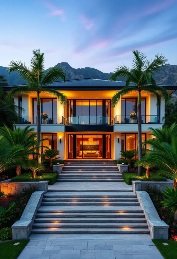 Modern tropical mansion with palm trees, illuminated steps, and mountain backdrop at dusk. modern mansions