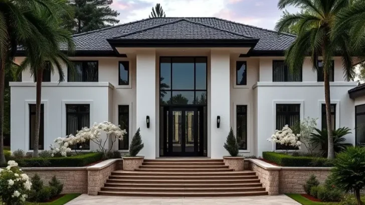 Modern white mansion with a grand entryway, palm-lined landscaping, and a serene evening sky. Feature image