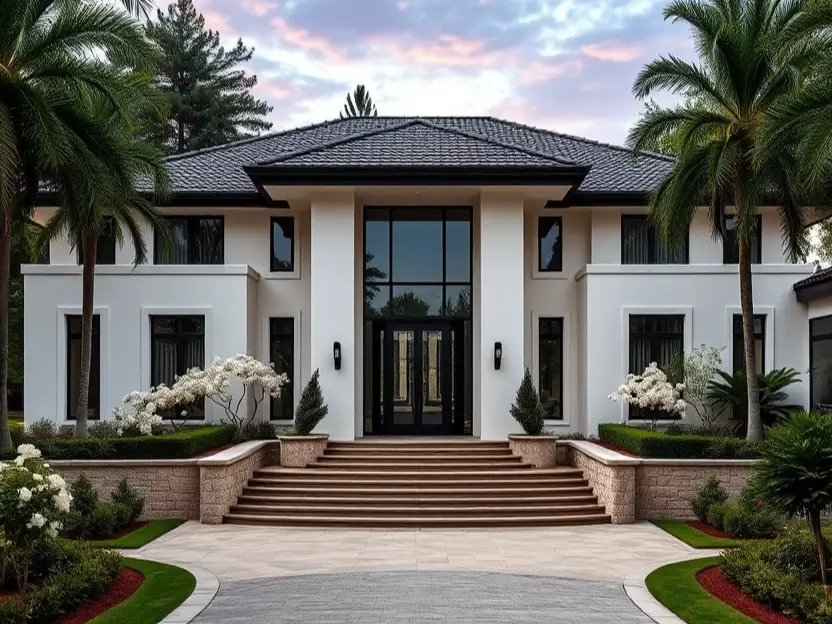 Modern white mansion with a grand entryway, palm-lined landscaping, and a serene evening sky. Feature image