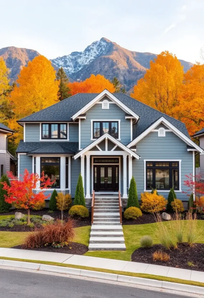 Blue-gray modern suburban house with white trim, a landscaped garden, and a scenic mountain backdrop surrounded by autumn foliage.