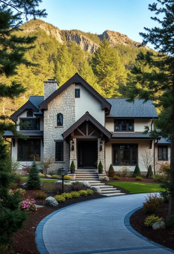  Suburban house with a stone facade, black window trims, gabled entrance, curved driveway, and lush forest surroundings.