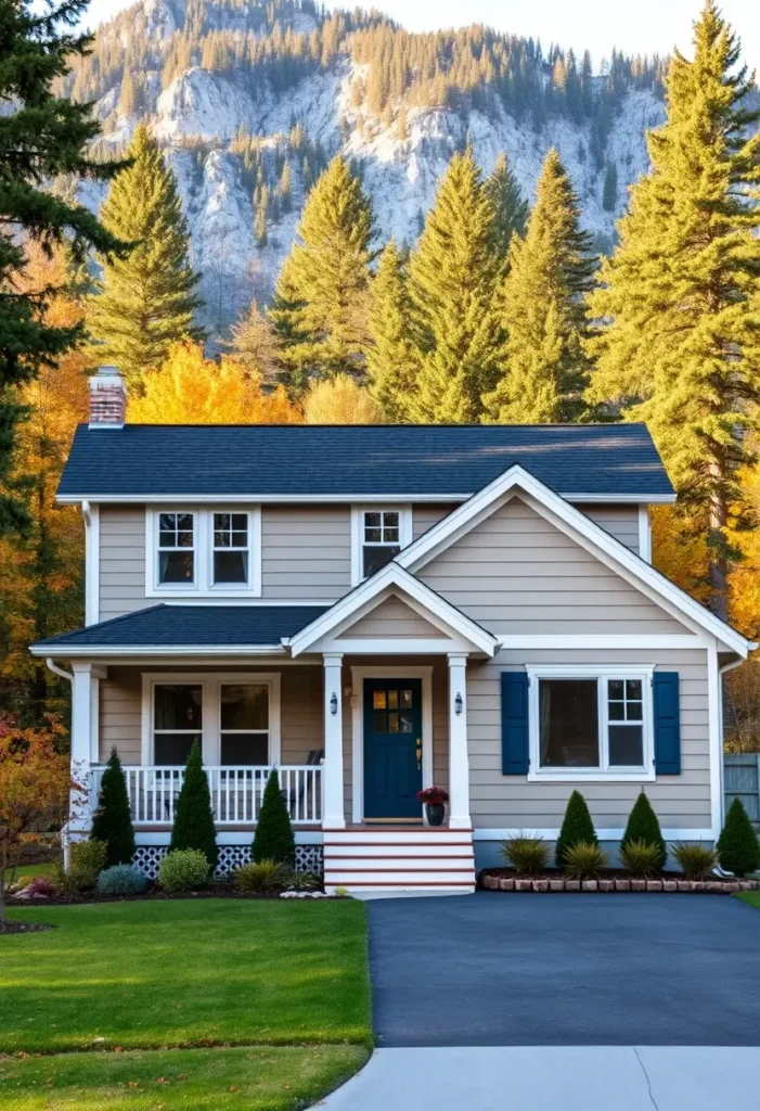 Beige suburban home with blue shutters, matching front door, white porch railings, and scenic mountain backdrop surrounded by trees.