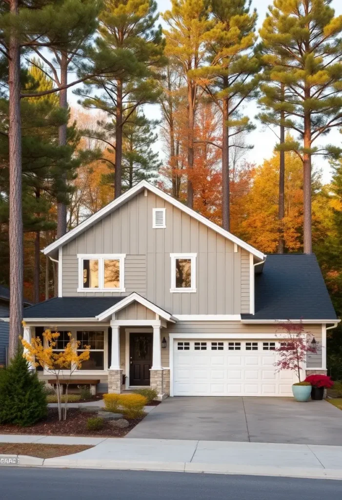 Gray suburban home with a white front porch, two-car garage, and vibrant autumn trees in the background.