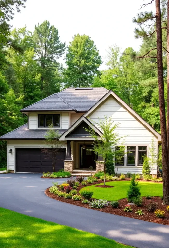 Modern white suburban home with black accents, stone columns, landscaped flower beds, and a curved driveway amidst lush green trees.