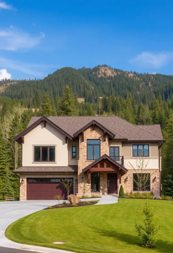 Modern suburban house with stone and stucco facade, wooden gable roof accents, manicured lawn, and mountain backdrop.