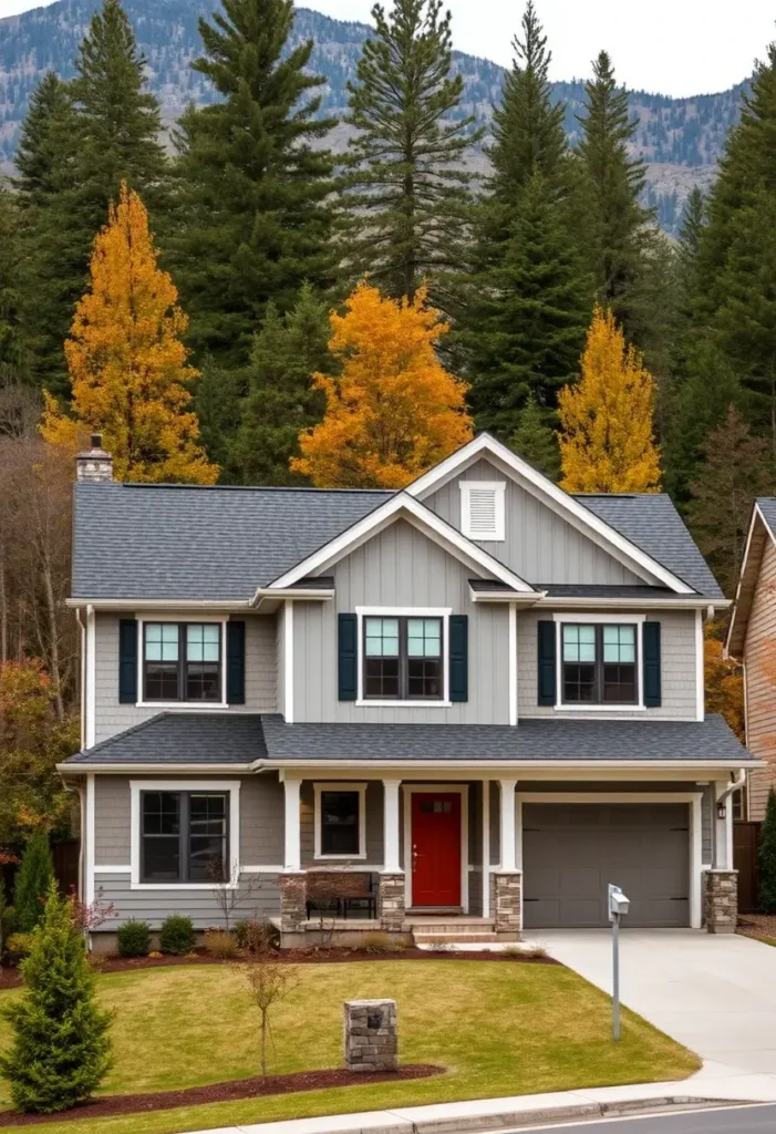 Suburban house with gray siding, white trim, a red front door, stone accents, and a manicured lawn framed by autumn trees and a mountain view.