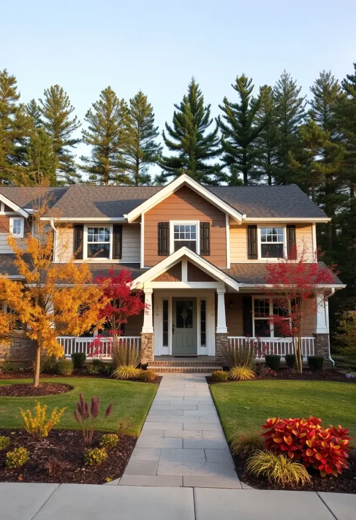 Suburban house with beige and brown siding, white trim, stone accents, a covered porch, and a landscaped yard featuring vibrant fall foliage and a wide walkway.