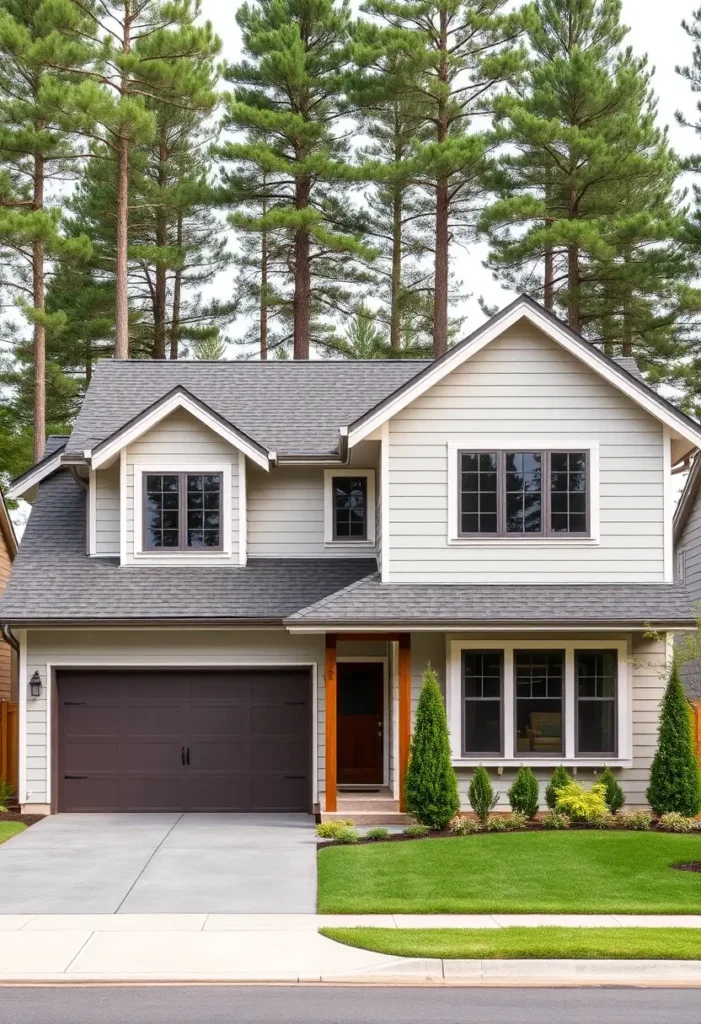 Modern suburban house with light gray siding, dark garage door, wooden front door, manicured lawn, and pine trees in the background.