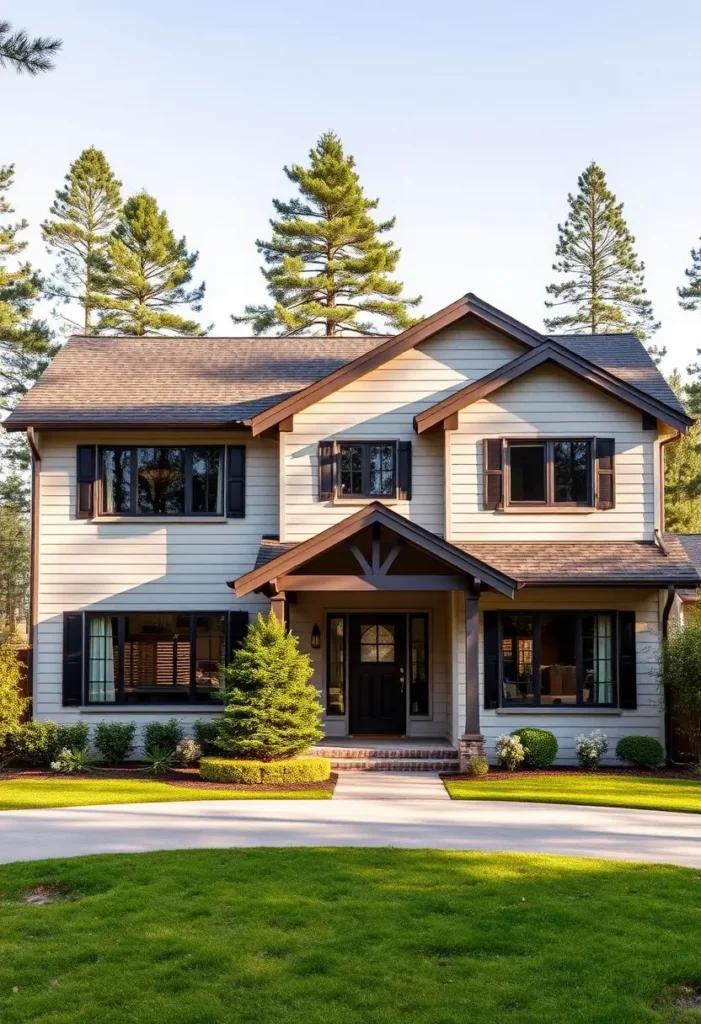 Modern suburban house with beige siding, black shutters, gabled roof, decorative porch beams, manicured lawn, and balanced landscaping.