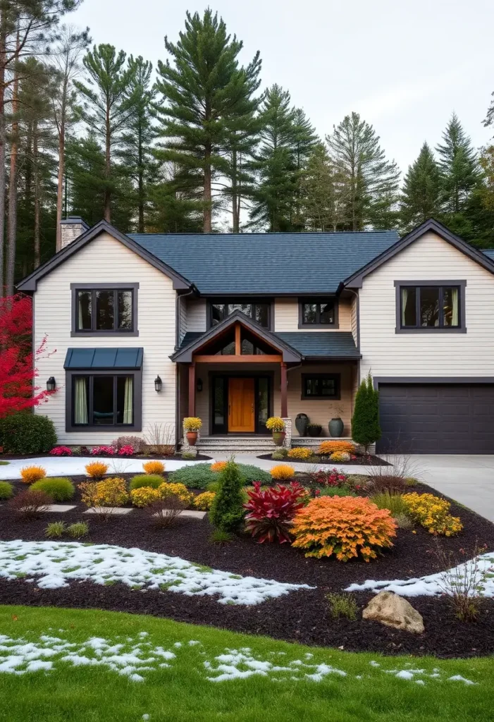 Modern suburban house with beige siding, black trim, wooden front door, vibrant garden landscaping, gabled porch, and patches of snow on the lawn.