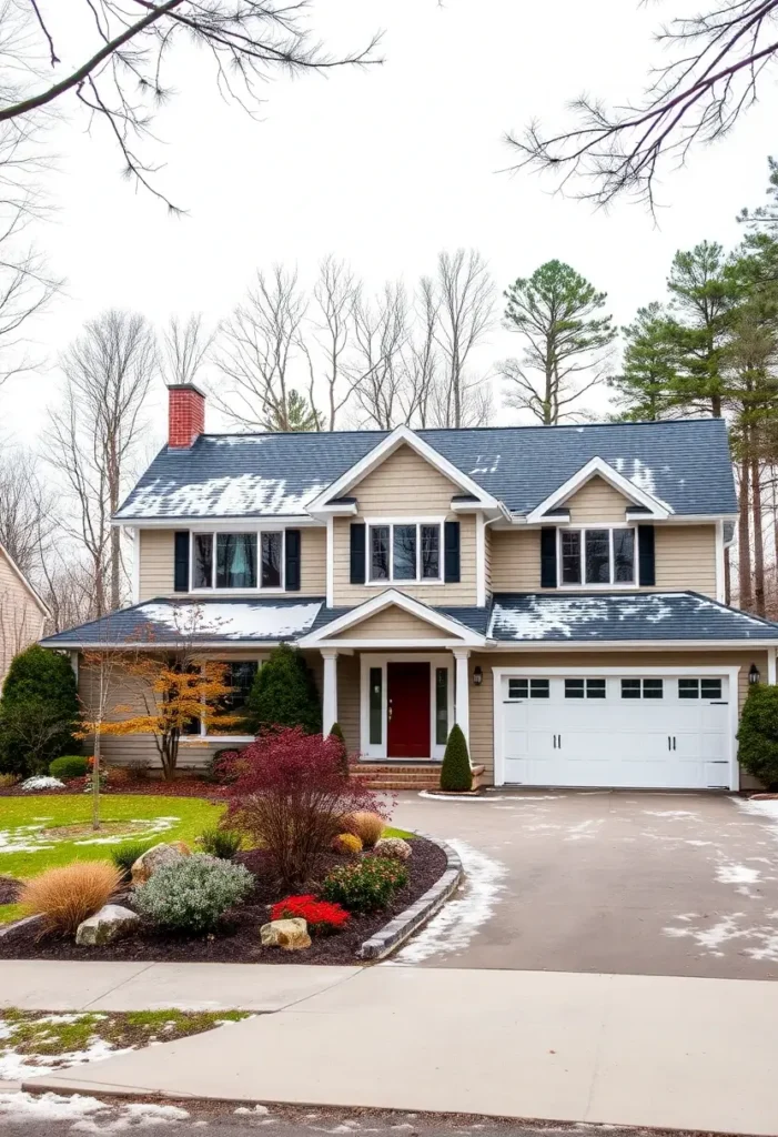 Beige suburban house with black shutters, red front door, snow-dusted roof, attached garage, and landscaped yard with winter foliage.