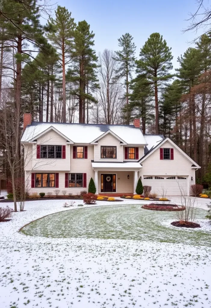 Cream suburban house with red shutters, black front door, snow-covered lawn, attached garage, and symmetrical landscaping in a winter setting.