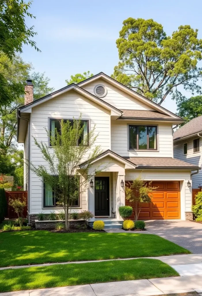 Modern suburban house with cream siding, wooden garage door, black front door, and lush green landscaping in a sunny setting.