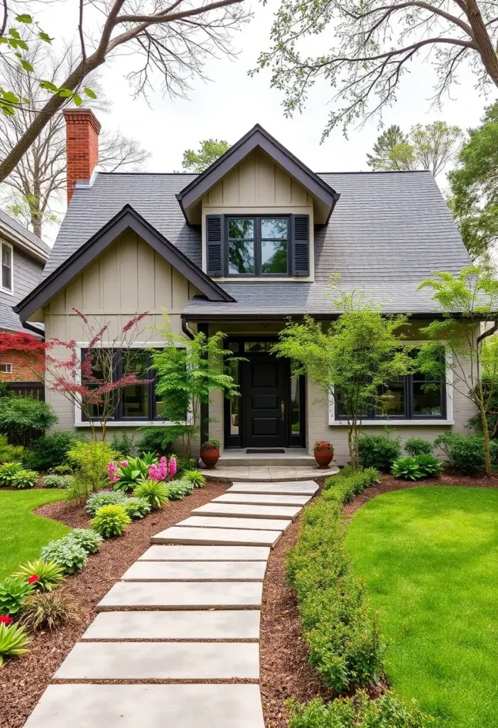 Cottage-inspired suburban house with beige siding, slate gray roof, black shutters, lush garden, and a winding stone pathway leading to the entrance.