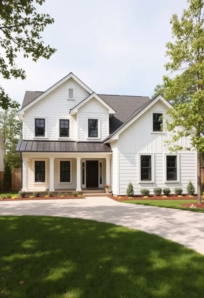 White modern farmhouse-style suburban home with black-framed windows, a metal awning, a front porch with columns, and a landscaped lawn.