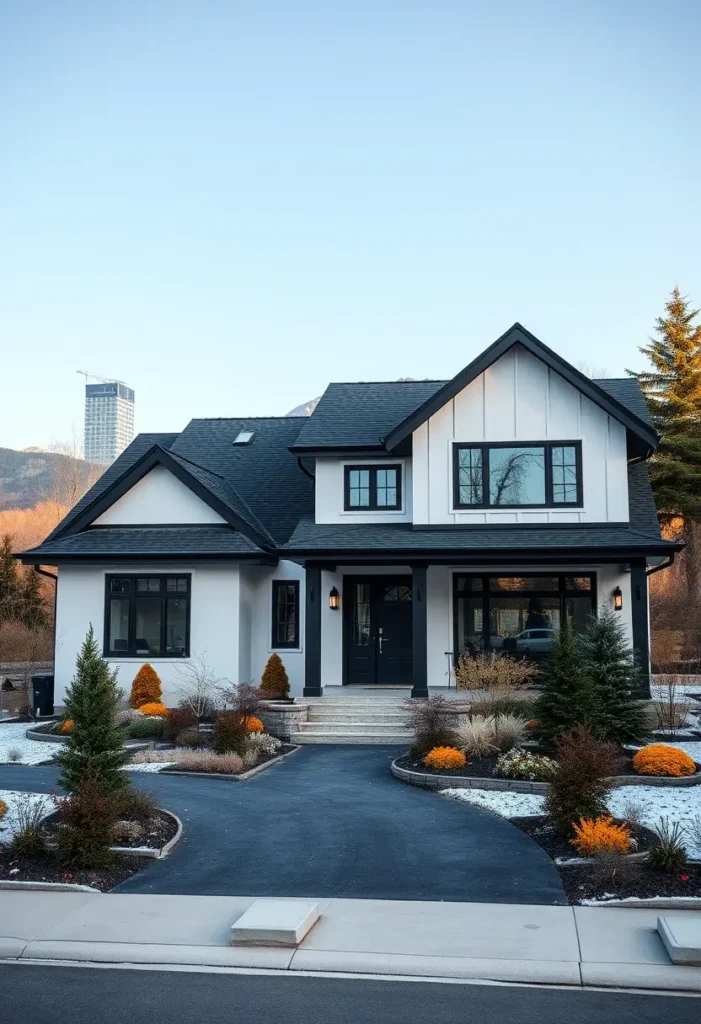 Contemporary white suburban home with black accents, large windows, a front porch, curved landscaping, and a dark driveway surrounded by vibrant shrubs.