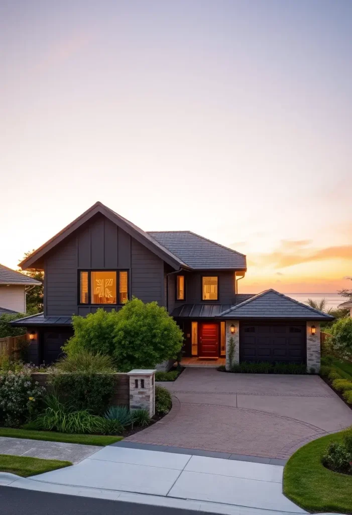 Modern suburban house with a charcoal exterior, red front door, glowing windows, curved brick driveway, and lush landscaping at sunset.