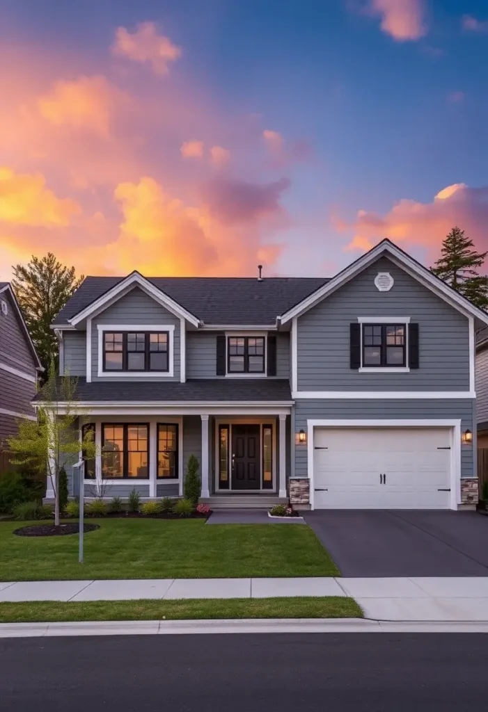 Modern suburban house with gray siding, black shutters, white accents, a manicured lawn, and a glowing sunset sky in the background.