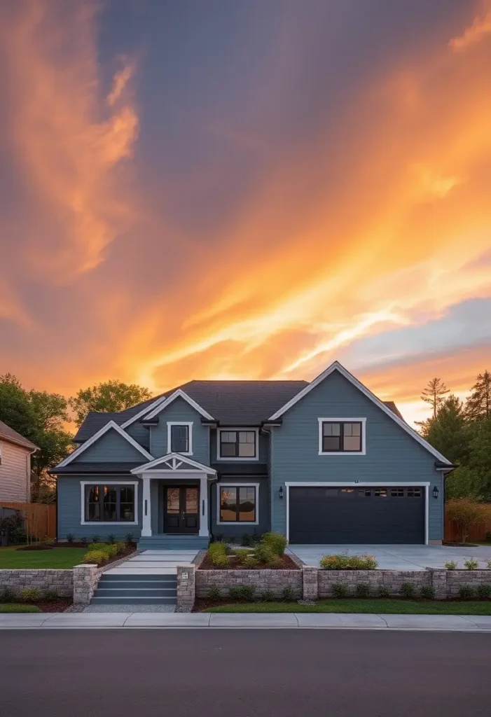 Suburban home with deep blue siding, white trim, a manicured lawn, and a stunning sunset sky in the background.