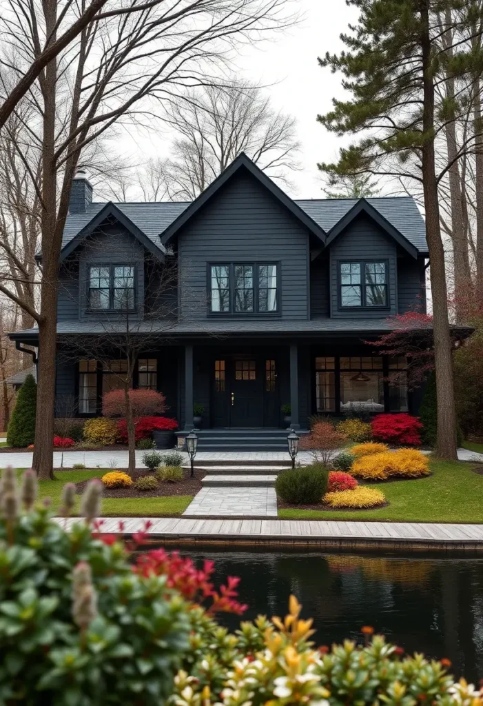 Black suburban house with vibrant landscaping, a reflective pond, and a manicured pathway leading to a spacious porch.